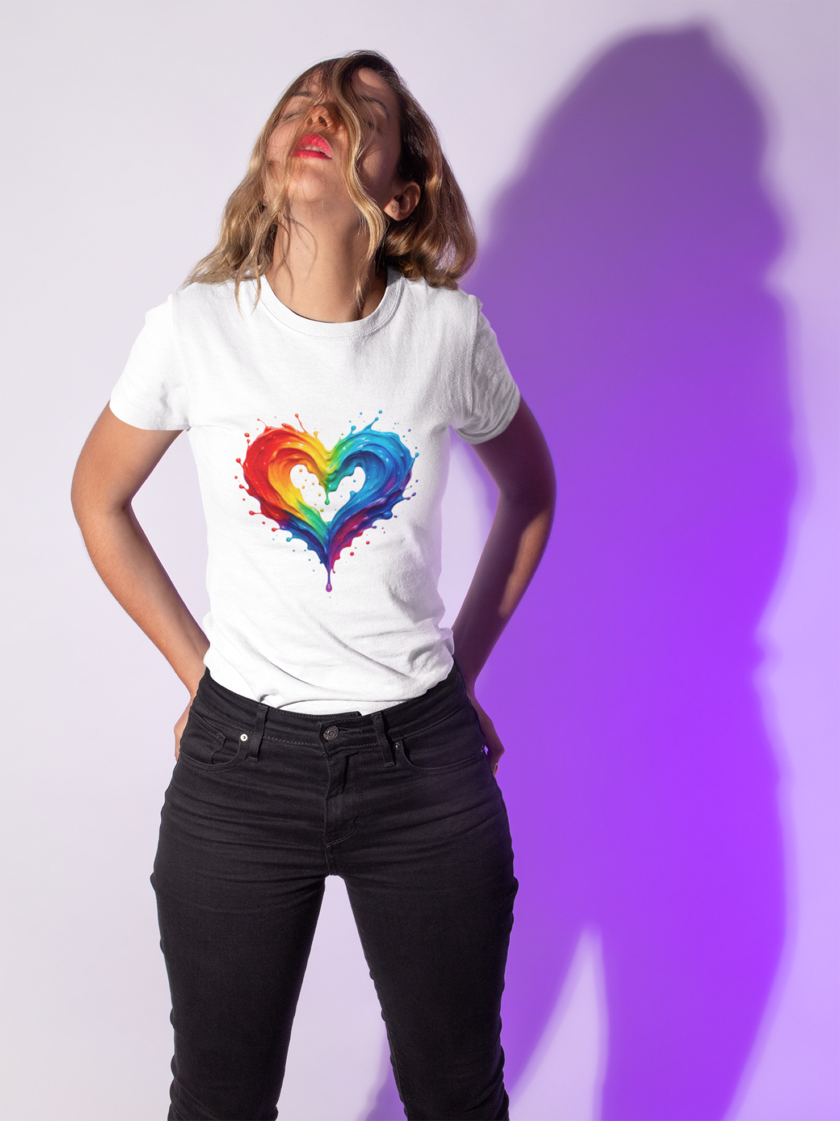 Rainbow Heart Ladies Shirt Jersey Short Sleeve Tee - Front view showcasing vibrant heart design.