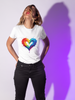 Rainbow Heart Ladies Shirt Jersey Short Sleeve Tee - Front view showcasing vibrant heart design.