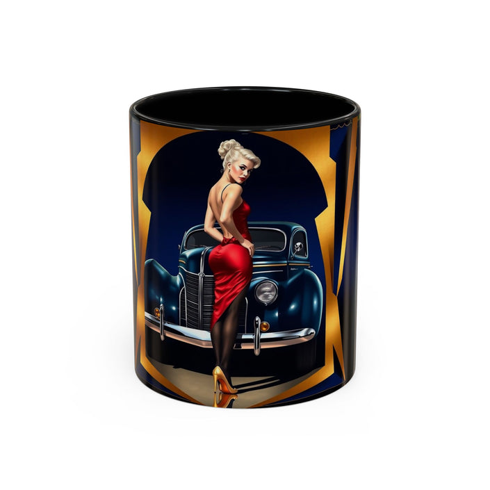 Vintage Pin-Up Coffee Mug - Classic Car Design showcasing vibrant colors and a glossy ceramic finish.