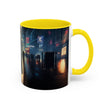 Elegant Urban Nightlife Coffee Mug against a floral backdrop, emphasizing its stylish and vibrant design.