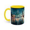 Glamorous Cityscape Coffee Mug with steam rising, showcasing its use for hot beverages.
