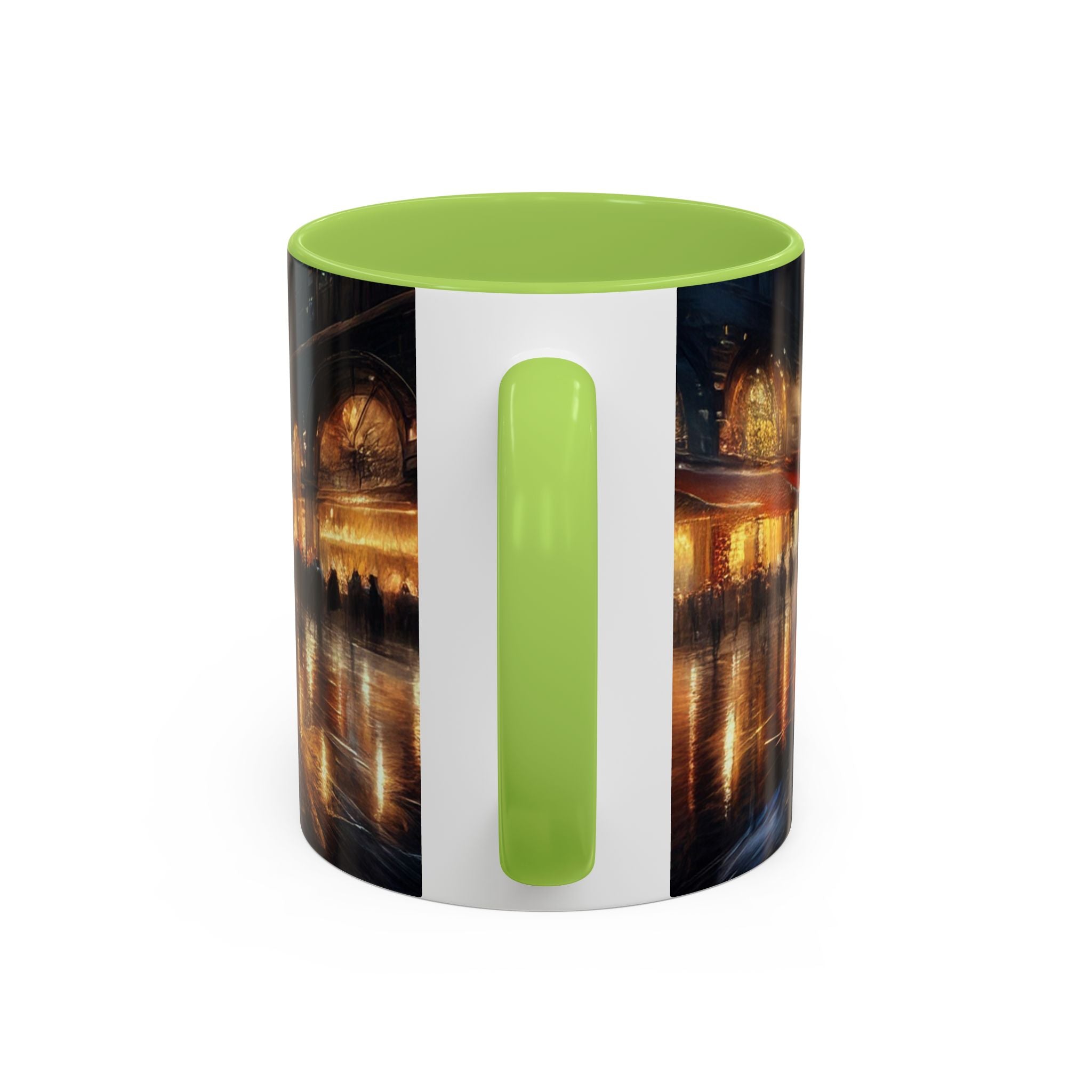 Elegant Nighttime Cityscape Coffee Mug in a cafe ambiance, fostering community among coffee lovers.