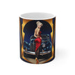 Vintage Glamour Airplane Mug, Aviation Enthusiast Gift, Coffee Cup, Retro, Unique Pilot Mug, Glamour, Retro, Woman, Car, Dress, Red