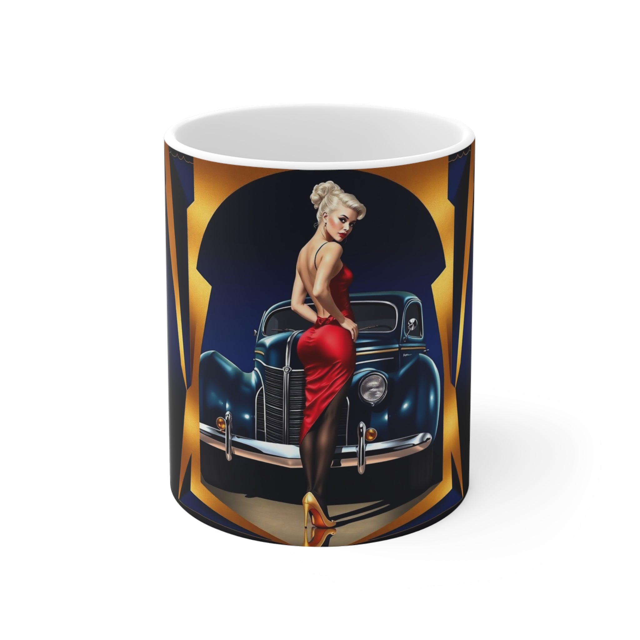 Vintage Glamour Airplane Mug, Aviation Enthusiast Gift, Coffee Cup, Retro, Unique Pilot Mug, Glamour, Retro, Woman, Car, Dress, Red
