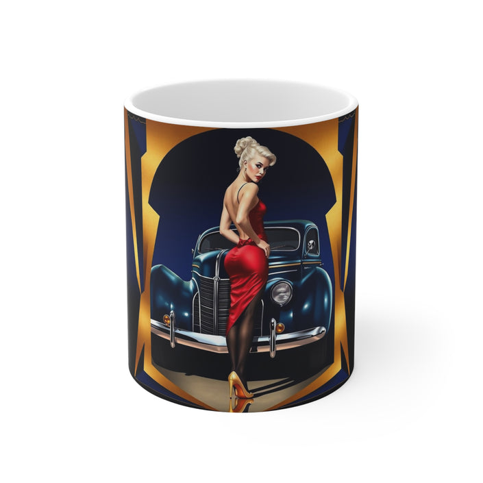 Vintage Glamour Airplane Mug, Aviation Enthusiast Gift, Coffee Cup, Retro, Unique Pilot Mug, Glamour, Retro, Woman, Car, Dress, Red
