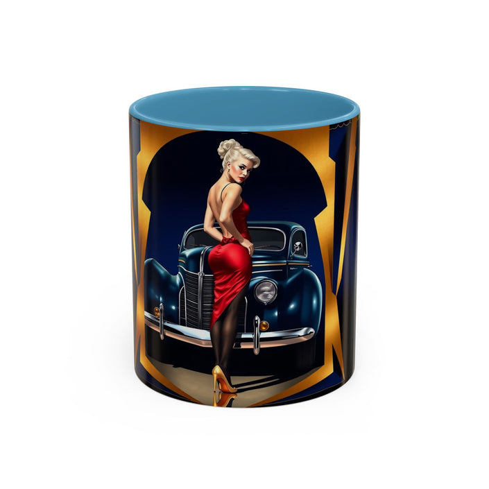 Vintage Pin-Up Coffee Mug - Classic Car Design in a hand showing its ergonomic handle.