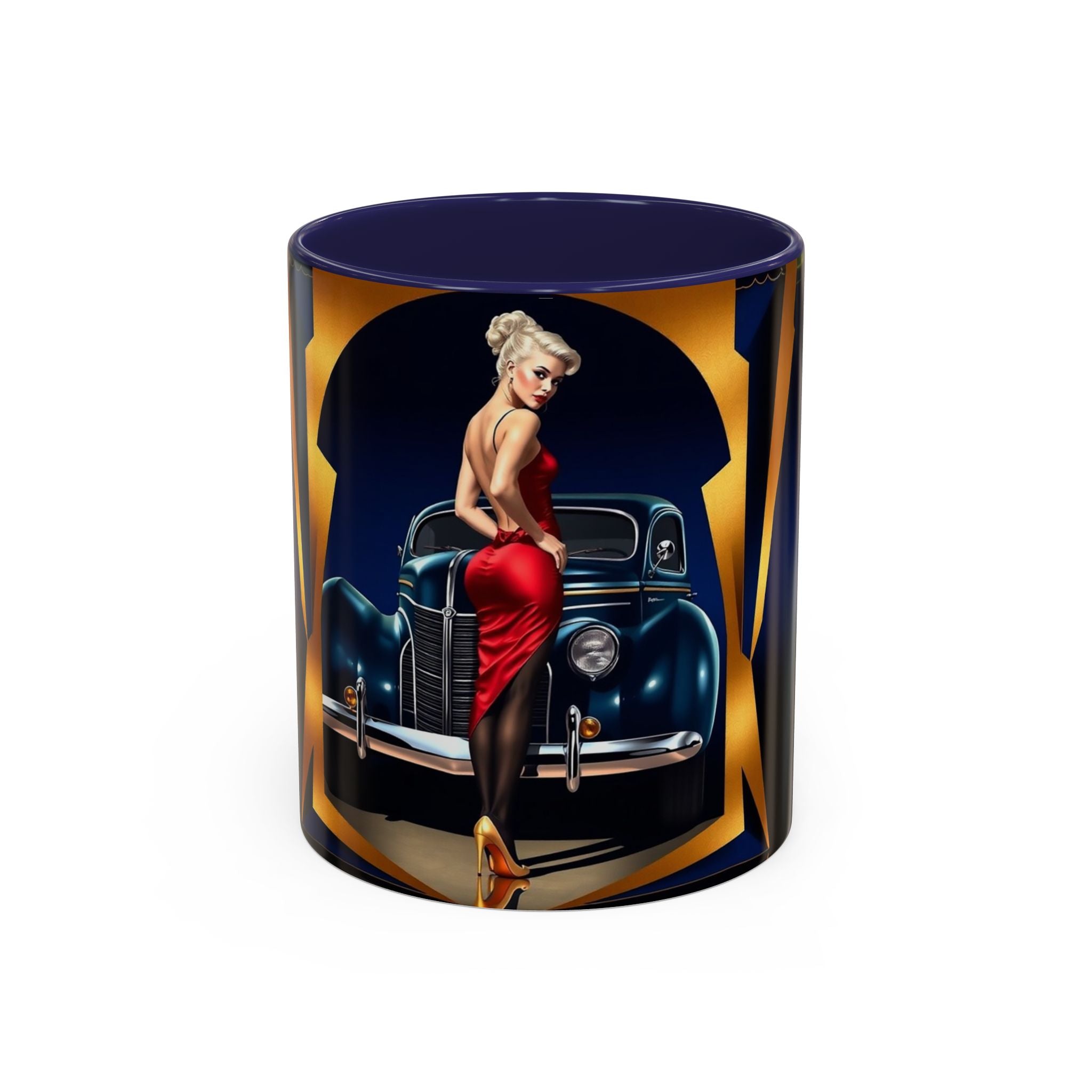 Close-up of the Vintage Pin-Up Coffee Mug - Classic Car Design highlighting the intricate details.