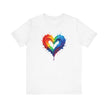 Rainbow Heart Ladies Shirt Jersey Short Sleeve Tee - Product features highlighted on a close-up image.