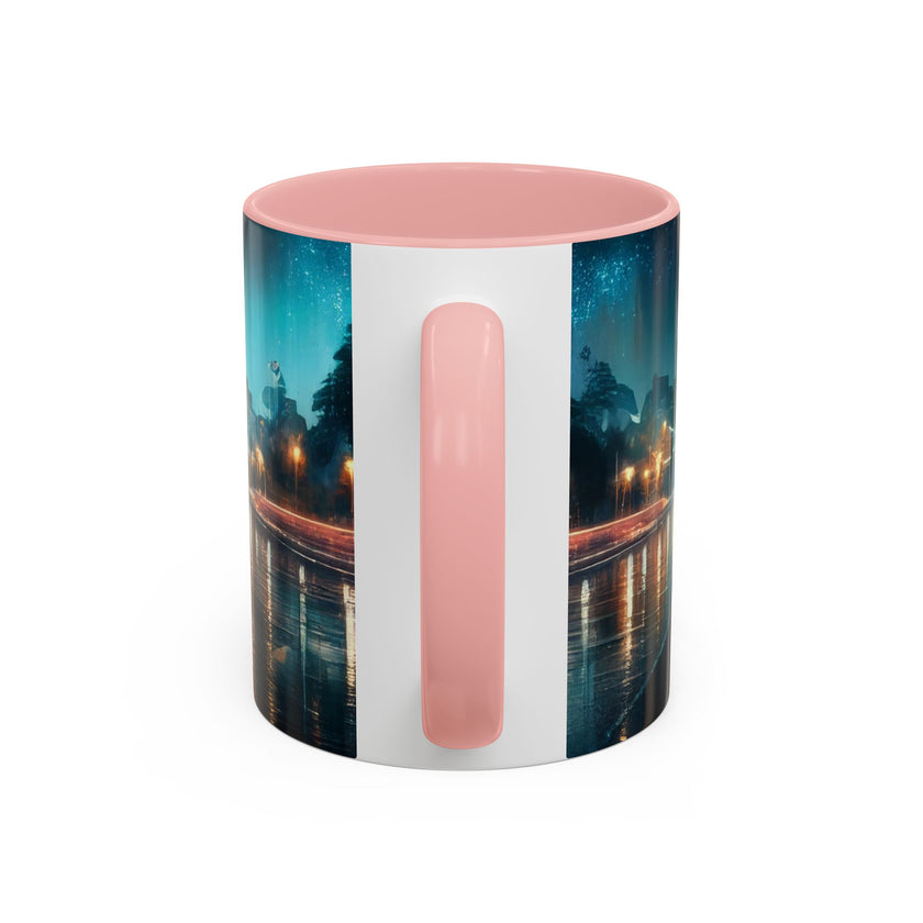 Stylish Glamorous Cityscape Coffee Mug photographed outdoors, adding charm to morning coffee.