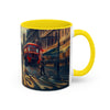 Vintage-Inspired Cityscape Accent Coffee Mug - 11oz & 15oz presented with a floral arrangement.