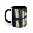 Elegant Urban Nightlife Coffee Mug with a steaming drink, showcasing its microwave-safe feature.