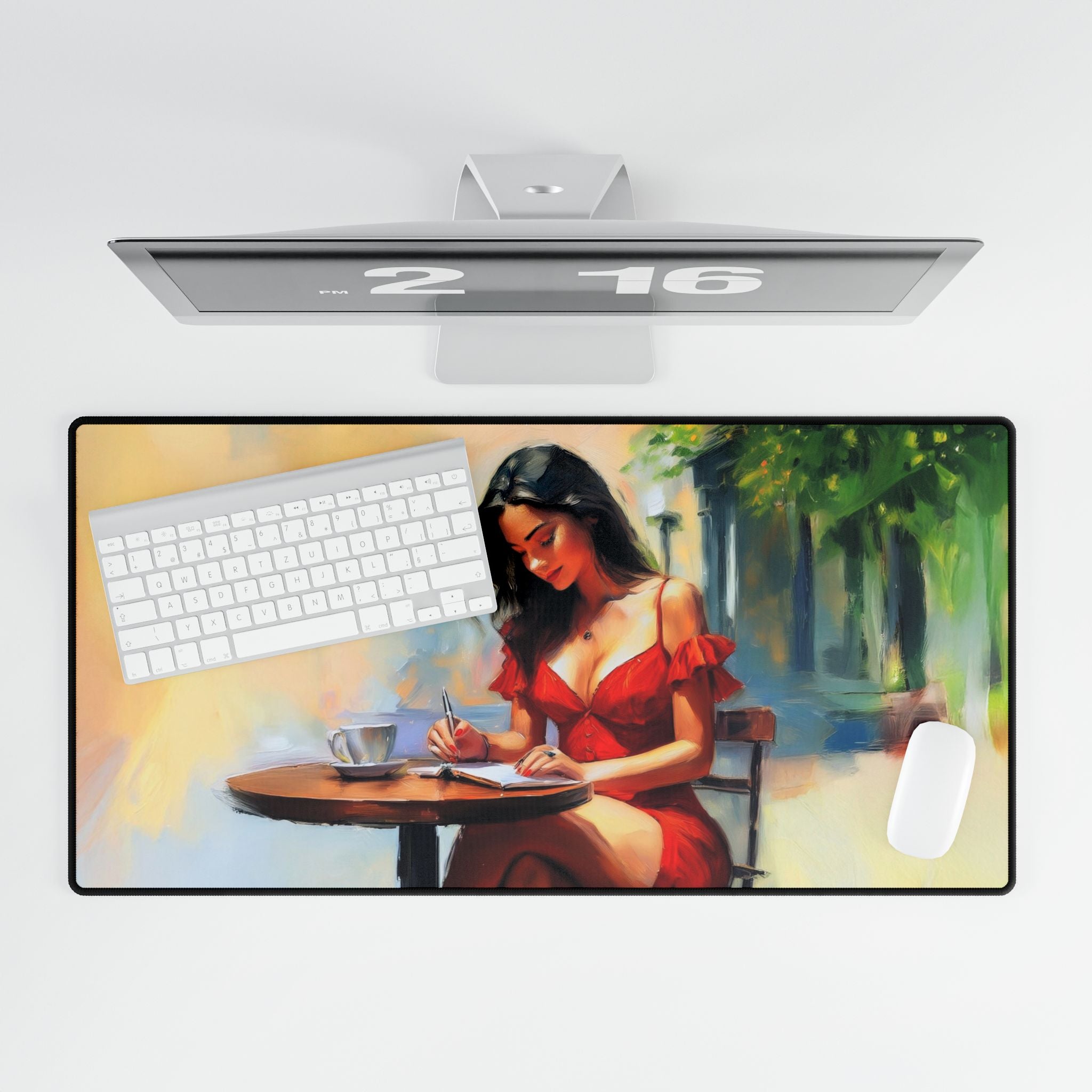 Elegant Café Scene Desk Mat - Stylish Office Accessory