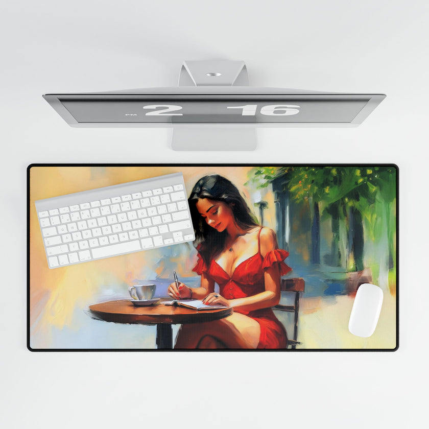 Elegant Café Scene Desk Mat - Stylish Office Accessory