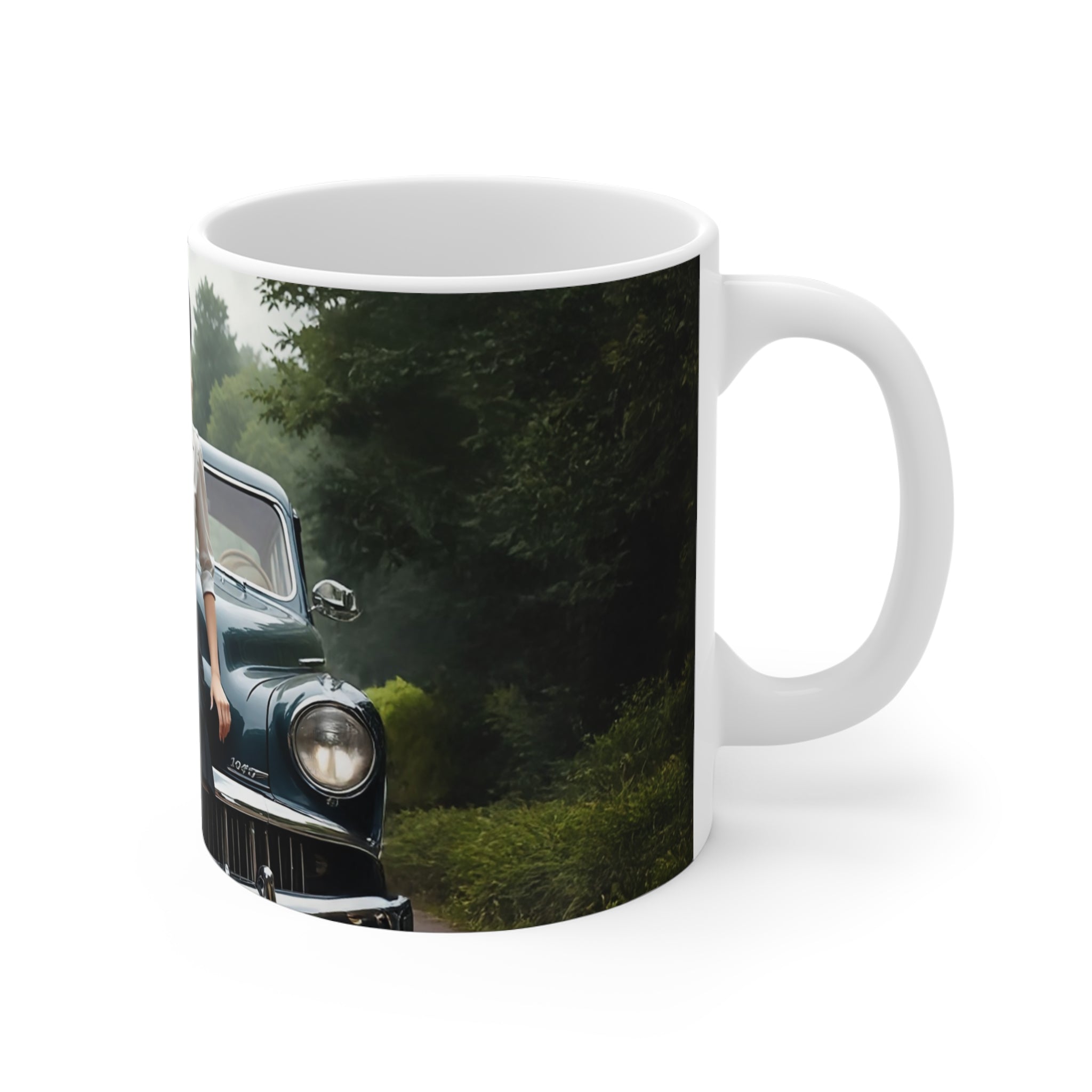Attractive Woman, Retro Car, London Mug, Enthusiast Gift, Coffee Cup,  Unique, Mug, Glamour, Retro, Woman, Car, Dress, Red , London