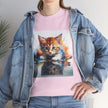 Adorable Cat Reflection Unisex Heavy Cotton Tee, Pet Lover T-Shirt, Animal Art Shirt, Cute Cat Gift for Her, Everyday Casual Wear