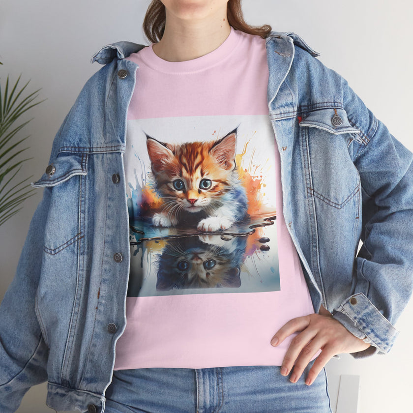 Adorable Cat Reflection Unisex Heavy Cotton Tee, Pet Lover T-Shirt, Animal Art Shirt, Cute Cat Gift for Her, Everyday Casual Wear