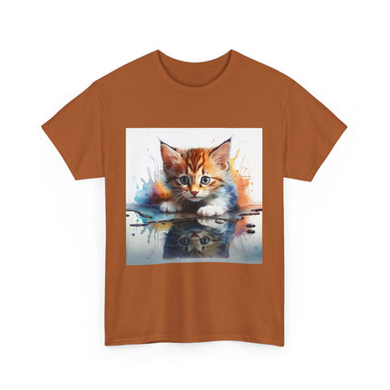 Adorable Cat Reflection Unisex Heavy Cotton Tee, Pet Lover T-Shirt, Animal Art Shirt, Cute Cat Gift for Her, Everyday Casual Wear