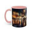 Elegant Nighttime Cityscape Coffee Mug contrasted with a white background, perfect for coffee lovers.