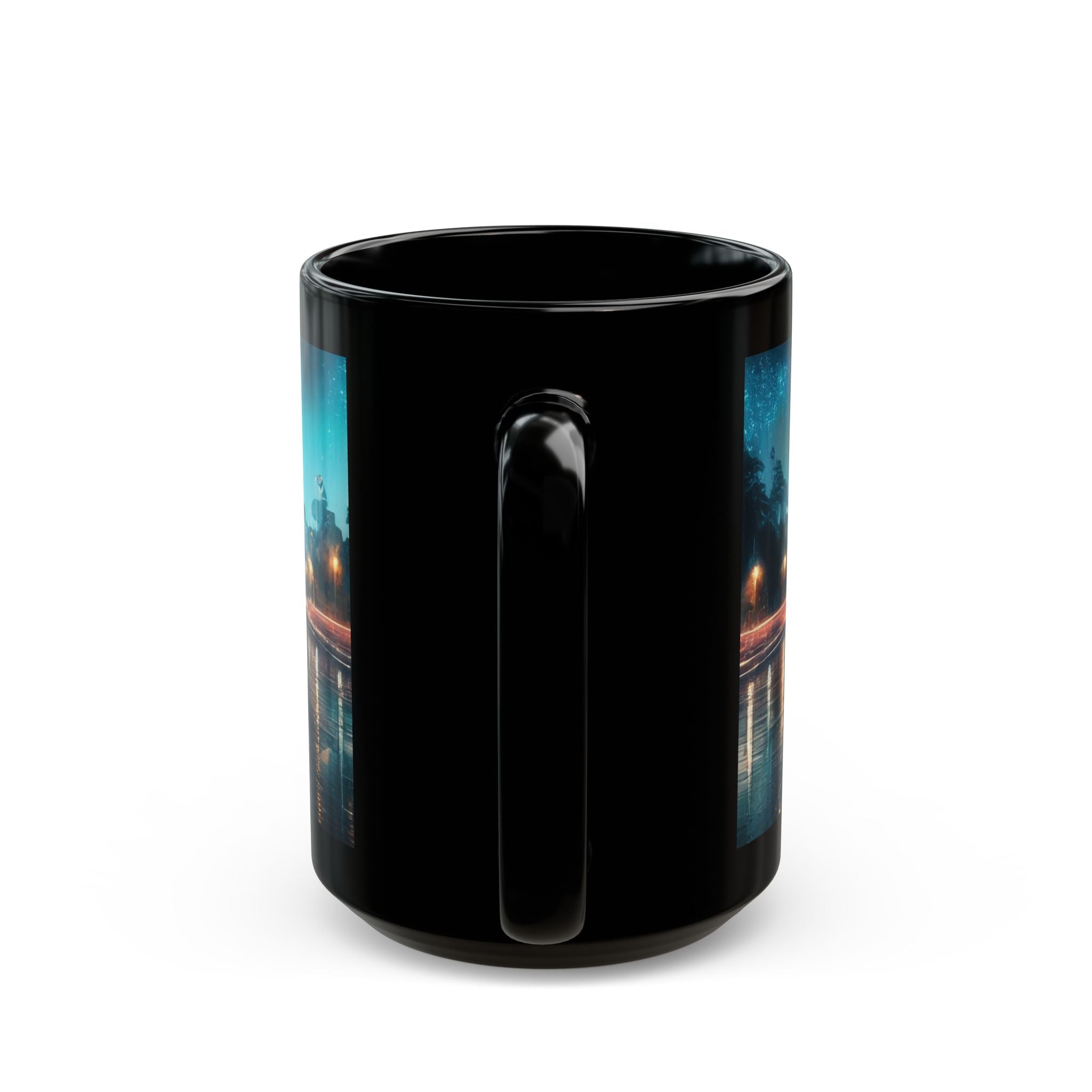 Stylish Urban Scene Mug with cozy coffee setup, ideal for warming up on a rainy day.