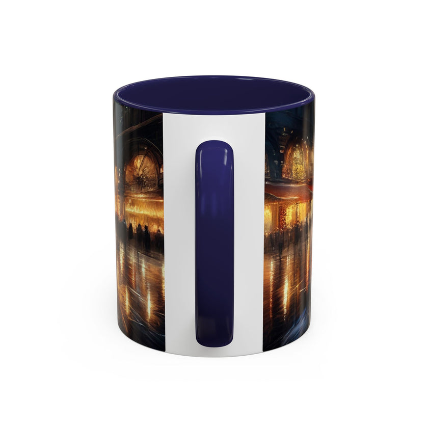 Elegant Nighttime Cityscape Coffee Mug ready for gift wrapping, ideal for coffee lovers.