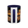Elegant Nighttime Cityscape Coffee Mug ready for gift wrapping, ideal for coffee lovers.