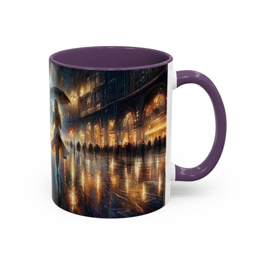 Elegant Nighttime Cityscape Coffee Mug filled and ready to sip, ideal for morning coffee lovers.