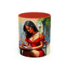 Artistic Red Dress Accent Coffee Mug - 11oz in a cozy kitchen setting among other colorful dishes