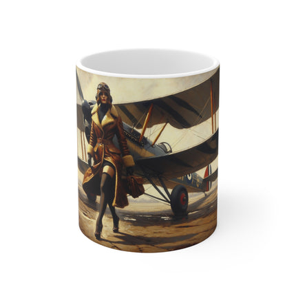 Vintage Glamour Airplane Mug, Aviation Enthusiast Gift, Coffee Cup, Retro, Unique Pilot Mug, Glamour, Retro, Woman, Car, Dress, Red