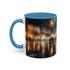 Elegant Nighttime Cityscape Coffee Mug in a warmly lit setting, perfect for evening coffee lovers.