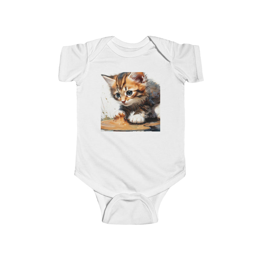 Adorable Cat Print Infant Bodysuit in classic white with a sweet cat illustration by Printify. This cotton bodysuit is perfect for comfortable baby clothing, featuring a regular fit that’s ideal for any occasion. Great for holiday picks and TikTok videos, it’s both functional and stylish.