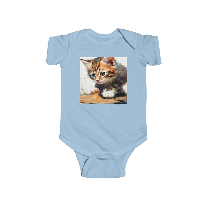 Adorable Cat Print Infant Bodysuit in blue featuring a cute cat illustration by Printify. This cotton onesie is perfect for keeping your baby stylish and comfortable. It's a perfect option for seasonal picks and TikTok videos, providing a regular fit that’s great for any occasion.