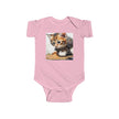 Adorable Cat Print Infant Bodysuit in pink with a charming cat design by Printify. This cute cotton bodysuit is a great choice for baby clothing enthusiasts. Ideal for holiday picks and personalizing your little one's outfits, it fits comfortably and is perfect for TikTok content.