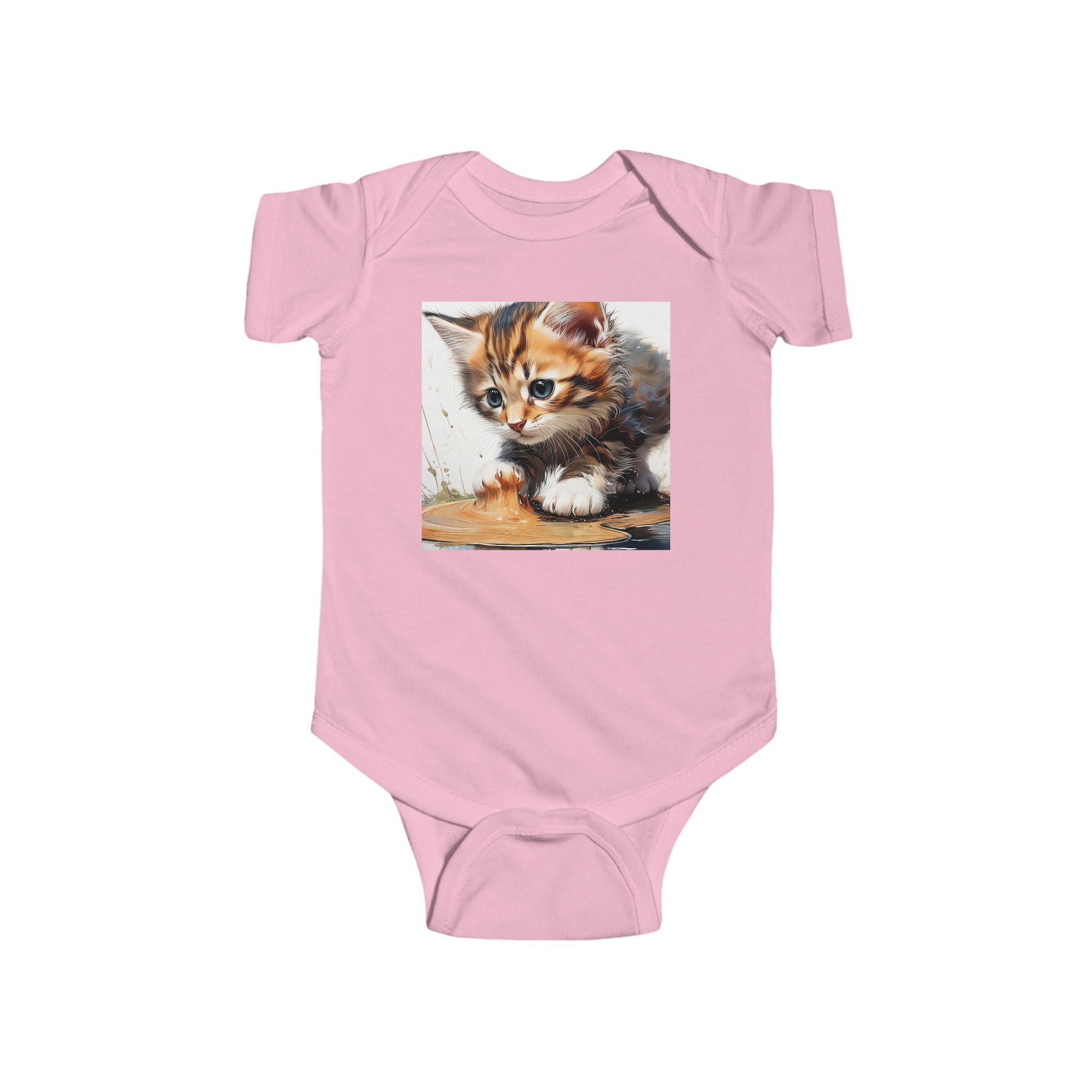 Adorable Cat Print Infant Bodysuit in pink with a charming cat design by Printify. This cute cotton bodysuit is a great choice for baby clothing enthusiasts. Ideal for holiday picks and personalizing your little one's outfits, it fits comfortably and is perfect for TikTok content.