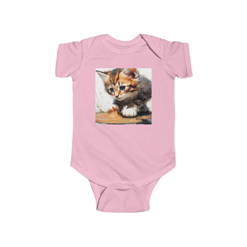 Adorable Cat Print Infant Bodysuit in pink with a charming cat design by Printify. This cute cotton bodysuit is a great choice for baby clothing enthusiasts. Ideal for holiday picks and personalizing your little one's outfits, it fits comfortably and is perfect for TikTok content.