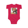 Adorable Cat Print Infant Bodysuit in vibrant red featuring an endearing cat design by Printify. This cotton onesie is perfect for stylish baby clothing choices, providing a regular fit. Ideal for holiday picks and creating adorable TikTok moments, it’s a fun addition to your toddler's wardrobe.