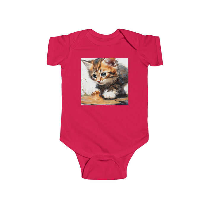 Adorable Cat Print Infant Bodysuit in vibrant red featuring an endearing cat design by Printify. This cotton onesie is perfect for stylish baby clothing choices, providing a regular fit. Ideal for holiday picks and creating adorable TikTok moments, it’s a fun addition to your toddler's wardrobe.