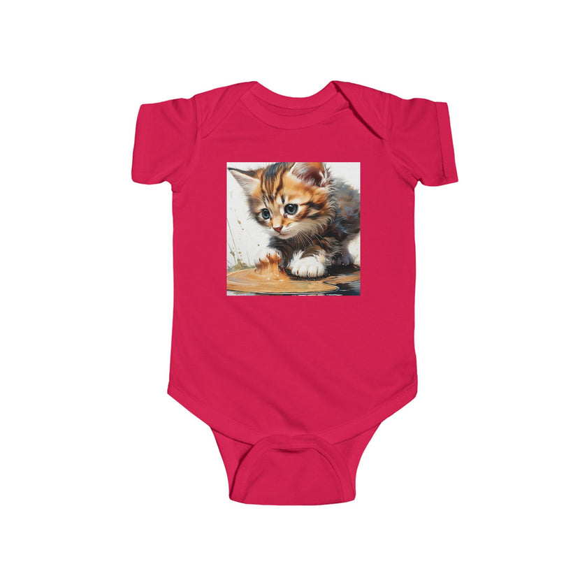 Adorable Cat Print Infant Bodysuit in vibrant red featuring an endearing cat design by Printify. This cotton onesie is perfect for stylish baby clothing choices, providing a regular fit. Ideal for holiday picks and creating adorable TikTok moments, it’s a fun addition to your toddler's wardrobe.
