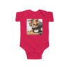 Adorable Cat Print Infant Bodysuit in vibrant red featuring an endearing cat design by Printify. This cotton onesie is perfect for stylish baby clothing choices, providing a regular fit. Ideal for holiday picks and creating adorable TikTok moments, it’s a fun addition to your toddler's wardrobe.