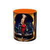 Vintage Pin-Up Coffee Mug - Classic Car Design displayed on a colorful kitchen shelf.