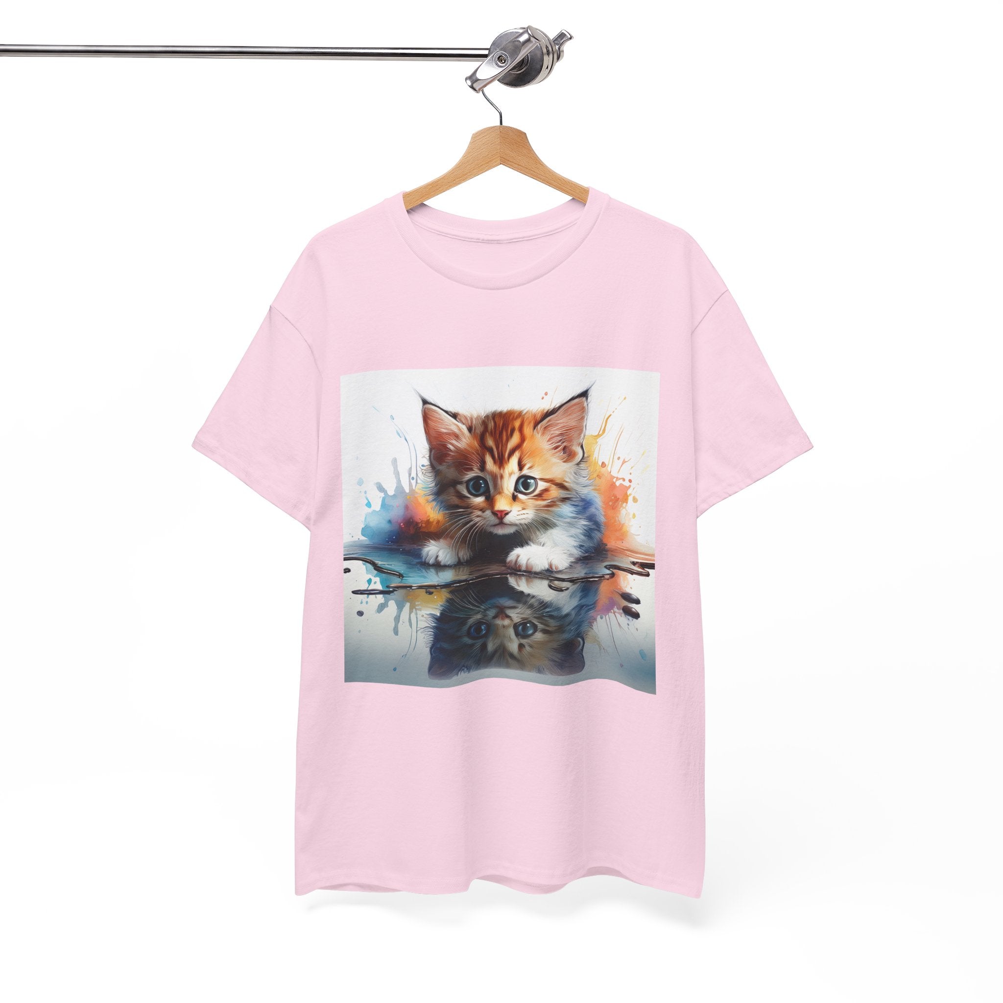 Adorable Cat Reflection Unisex Heavy Cotton Tee, Pet Lover T-Shirt, Animal Art Shirt, Cute Cat Gift for Her, Everyday Casual Wear
