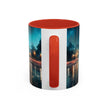 Flat lay image of Glamorous Cityscape Coffee Mug with coffee art, great for social media inspiration.