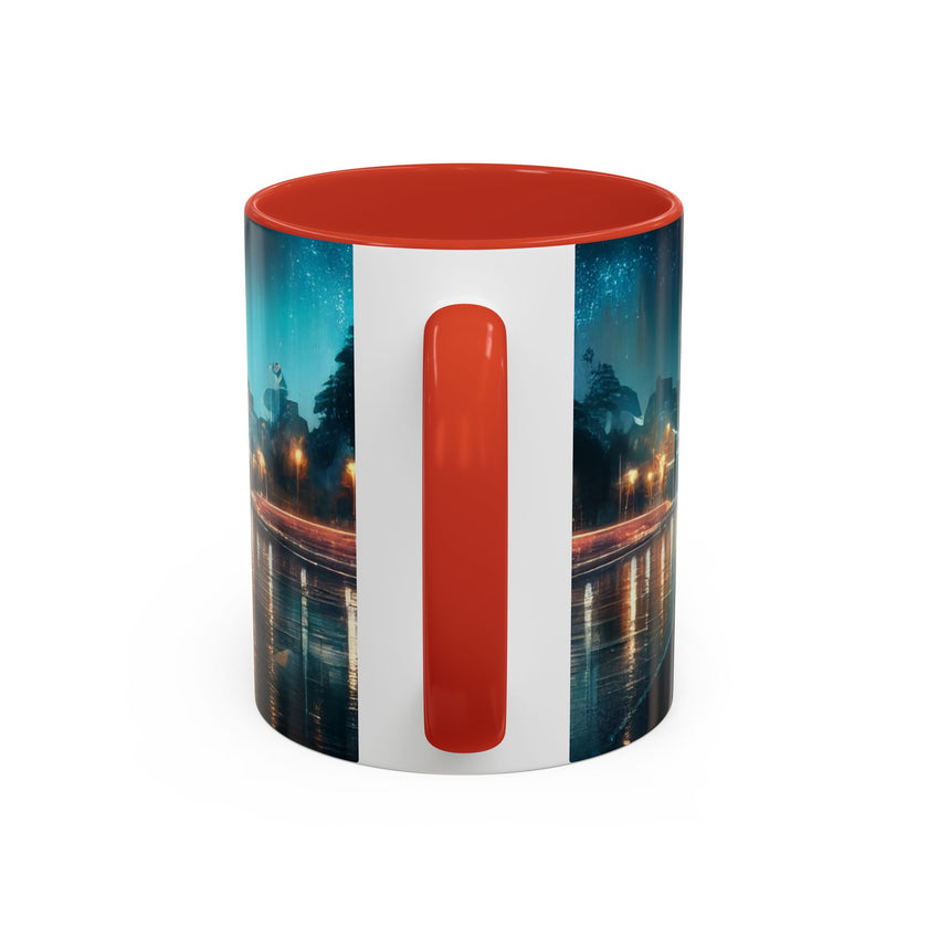 Flat lay image of Glamorous Cityscape Coffee Mug with coffee art, great for social media inspiration.