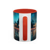 Flat lay image of Glamorous Cityscape Coffee Mug with coffee art, great for social media inspiration.