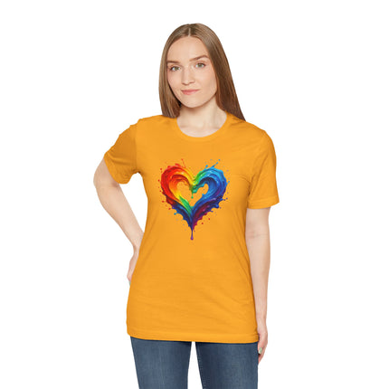Rainbow Heart Ladies Shirt Jersey Short Sleeve Tee - Close-up of the soft fabric and ribbed neckline.