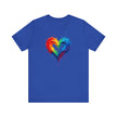 Rainbow Heart Ladies Shirt Jersey Short Sleeve Tee - Side view showcasing shape retention and durability.