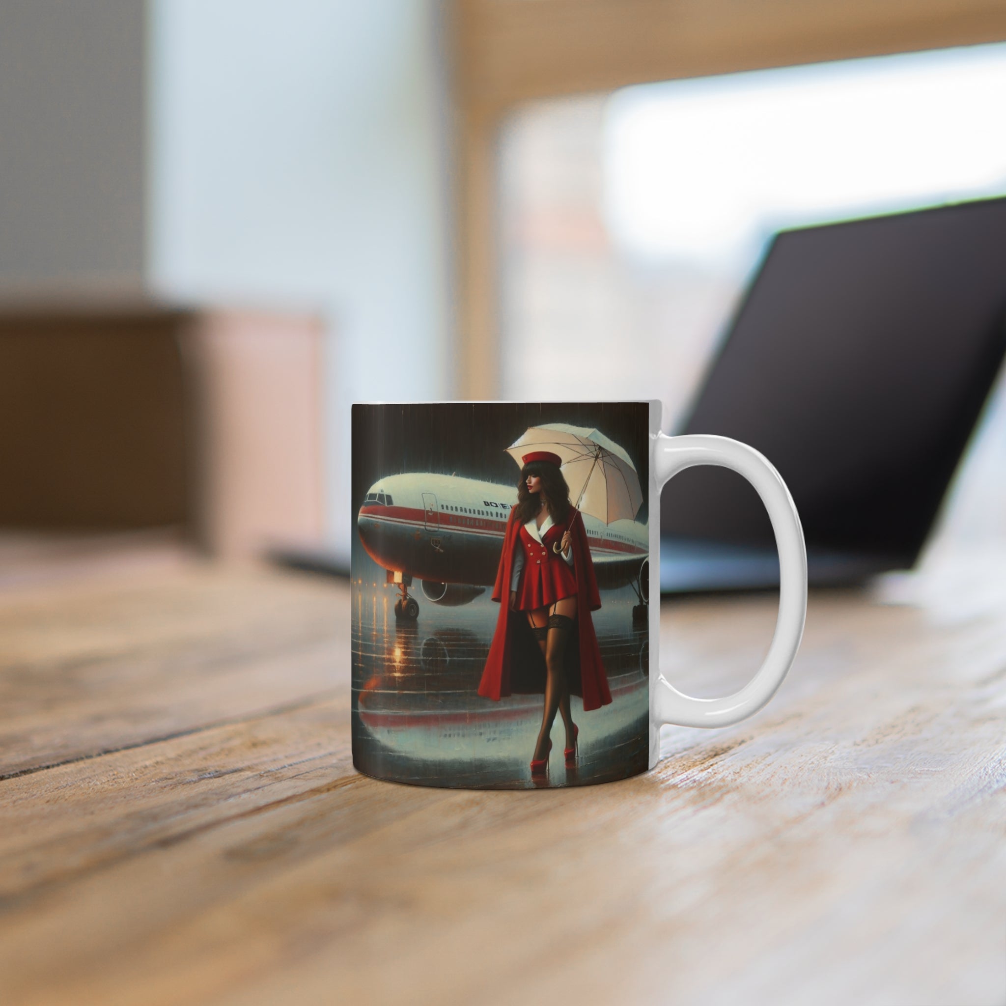 Retro Woman, Airplane Mug, Aviation Enthusiast Gift, Coffee Cup, Retro, Unique Pilot Mug, Glamour, Retro, Woman, Car, Dress, Red