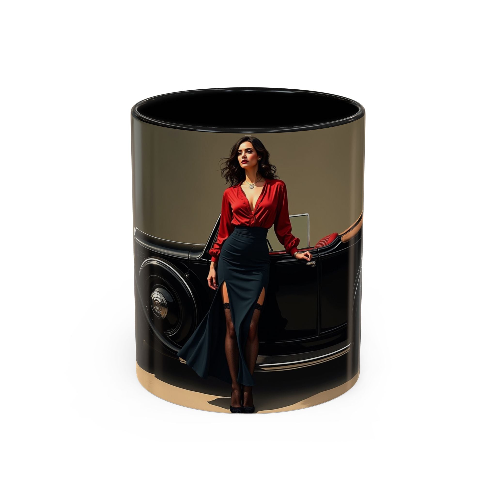Elegant Vintage Lady Accent Coffee Mug showcasing its glossy finish and vibrant interior.