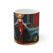 Attractive Woman, Red  Dress, Retro Car, Enthusiast Gift, Coffee Cup, Retro, Unique Pilot Mug, Glamour, Retro, Woman, Car