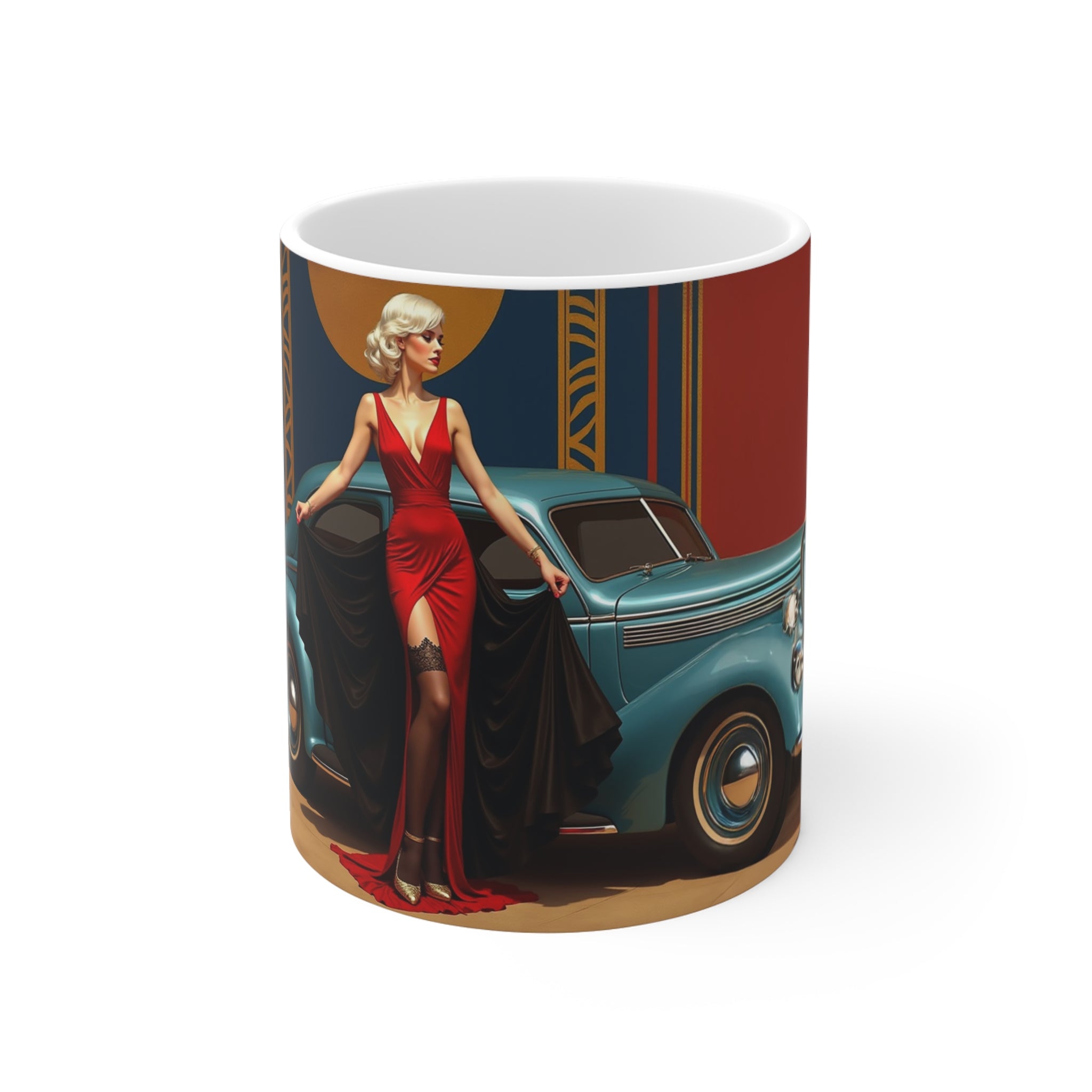 Attractive Woman, Red  Dress, Retro Car, Enthusiast Gift, Coffee Cup, Retro, Unique Pilot Mug, Glamour, Retro, Woman, Car