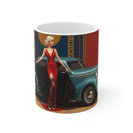 Attractive Woman, Red  Dress, Retro Car, Enthusiast Gift, Coffee Cup, Retro, Unique Pilot Mug, Glamour, Retro, Woman, Car
